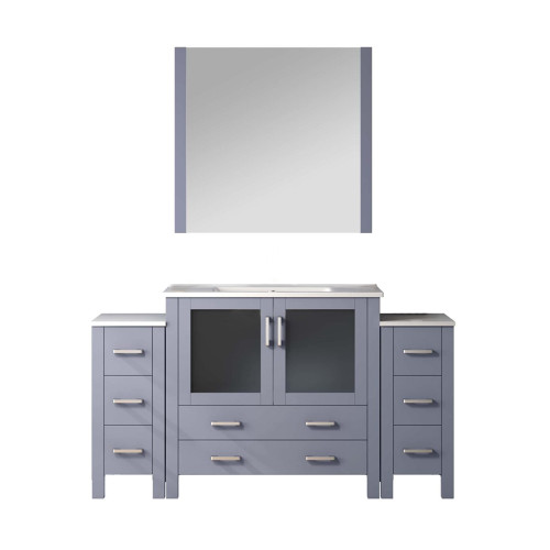 Lexora LV341860SBESM34 Volez 60 inch W Dark Grey Bath Vanity Cabinet with Side Cabinets, White Ceramic Top, and 34 in Mirror