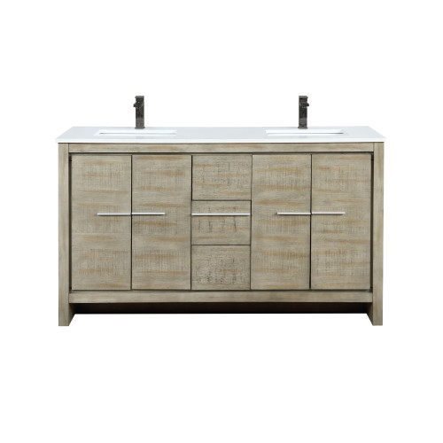 Lexora LVLF60DRA303 Lafarre 60 inch W x 20 in D Rustic Acacia Double Sink Vanity Cabinet, Cultured Marble Top and Gun Metal Faucet Set