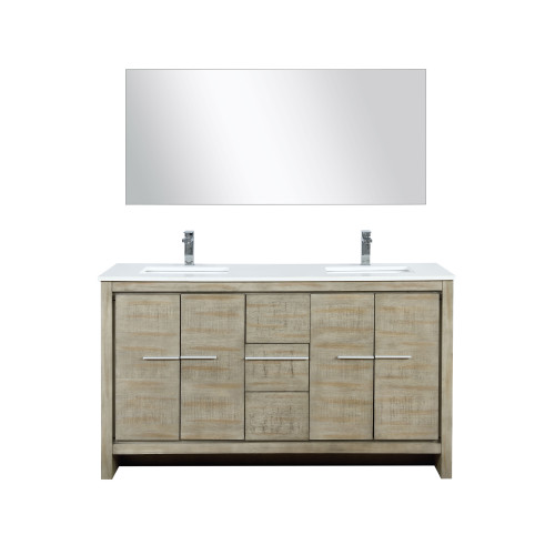 Lexora LLF60DKSODM55FCH Lafarre 60 inch W x 20 in D Rustic Acacia Double Sink Vanity Cabinet, White Quartz Top, Chrome Faucet Set and 55 in Mirror
