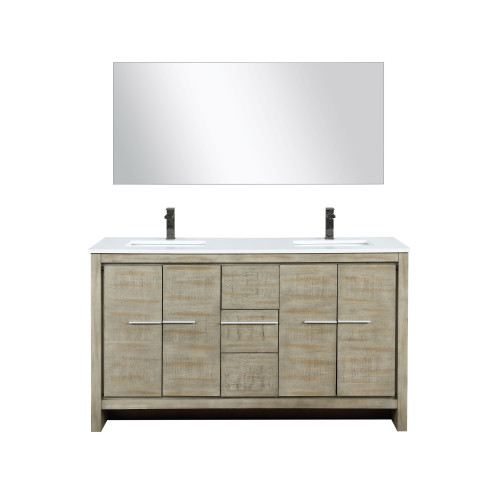 Lexora LVLF60DRA313 Lafarre 60 inch W x 20 in D Rustic Acacia Double Sink Vanity Cabinet, Cultured Marble Top, Gun Metal Faucet Set and 55 in Mirror