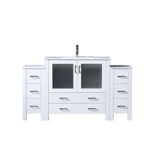 Lexora LVV60S36A601 Volez 60 inch W White Double Sink Vanity Cabinet with Side Cabinets, White Ceramic Top, and Faucet Set