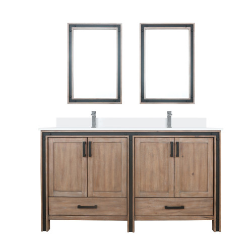 Lexora LVZV60DN210 Ziva 60 inch W Rustic Barnwood Double Sink Vanity Cabinet, White Quartz Top and 22 in Mirrors