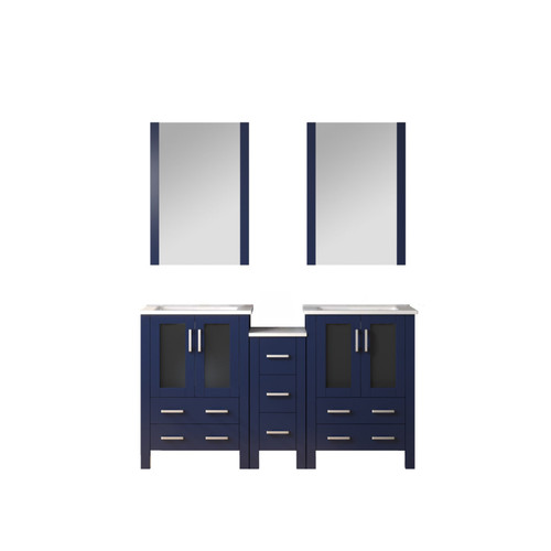 Lexora LV341860SEESM22 Volez 60 inch W Navy Blue Double Sink Vanity Cabinet with Side Cabinet, White Ceramic Top, and 22 in Mirrors