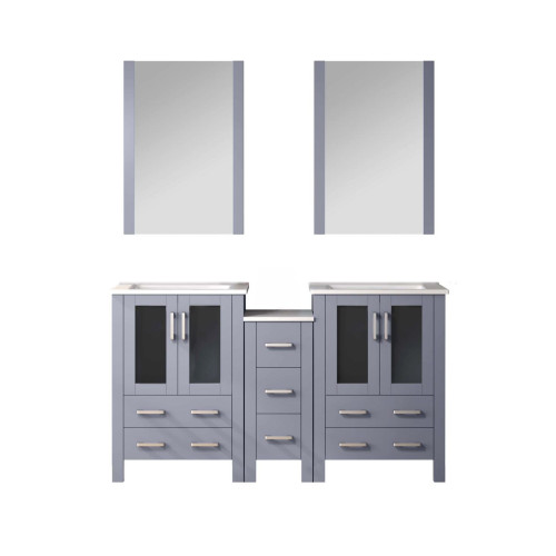 Lexora LV341860SBESM22 Volez 60 inch W Dark Grey Double Sink Vanity Cabinet with Side Cabinet, White Ceramic Top, and 22 in Mirrors