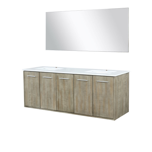 Lexora  LVFB60DK210 Fairbanks 60 in W x 20 in D Rustic Acacia Double Bath Vanity, White Quartz Top and 55 in Mirror