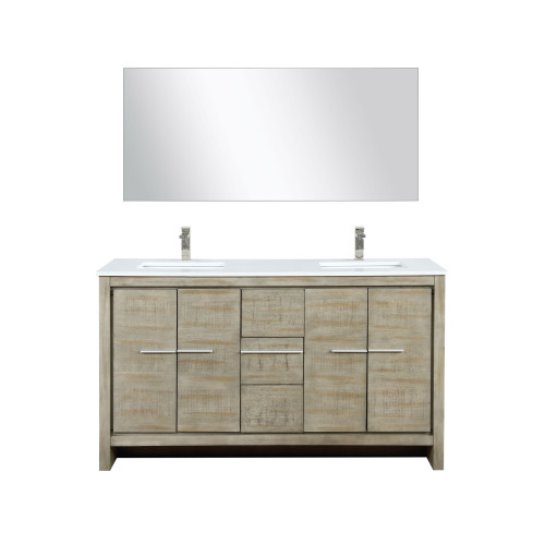 Lexora LLF60DKSODM55FBN Lafarre 60 inch W x 20 in D Rustic Acacia Double Sink Vanity Cabinet, White Quartz Top, Brushed Nickel Faucet Set and 55 in Mirror