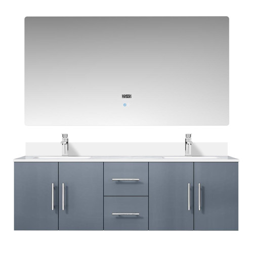 Lexora LVG60DB211 Geneva 60 in. W Dark Grey Wall Mount Double Sink Vanity Cabinet, White Quartz Top, Faucet Set, and 60 in. LED Mirror