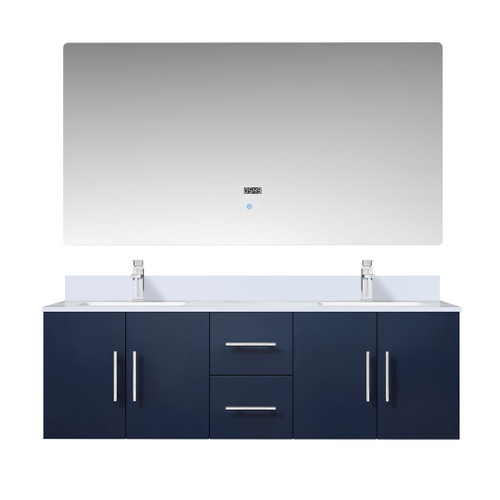 Lexora LVG60DE311 Geneva 60 in. W Navy Blue Wall Mount Double Sink Vanity Cabinet, Cultured Marble Top, Faucet Set, and 60 in. LED Mirror