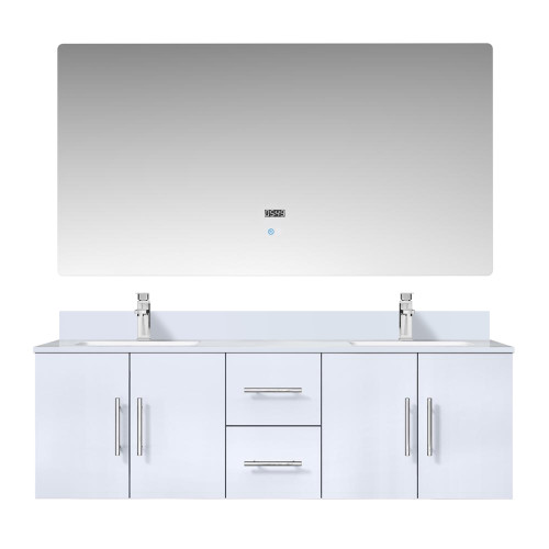Lexora Geneva 60 in. W Glossy White Wall Mount Double Sink Vanity Cabinet, Cultured Marble Top, Faucet Set, and 60 in. LED Mirror