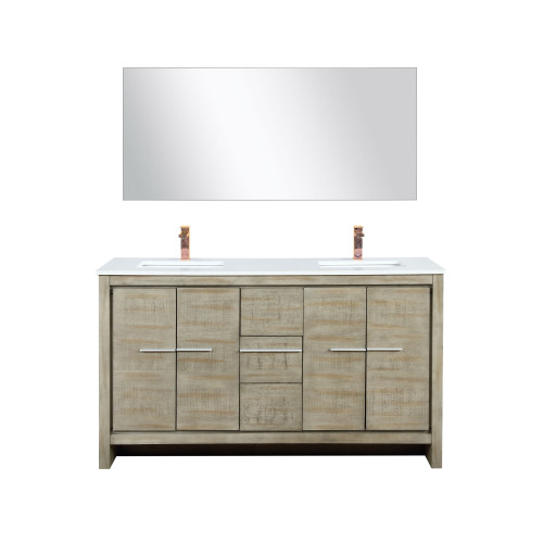 Lexora Lafarre 60 inch W x 20 in D Rustic Acacia Double Sink Vanity Cabinet, White Quartz Top, Rose Gold Faucet Set and 55 in Mirror