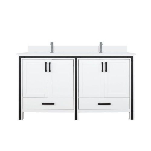 Lexora Ziva 60 inch W White Double Sink Vanity Cabinet, White Quartz Top and Faucet Set