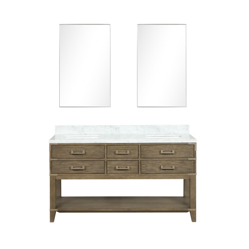 Lexora LVN60DR110 Norwalk 60 inch W Grey Oak Double Sink Vanity Cabinet, Carrara Marble Top, and 28 in Mirrors