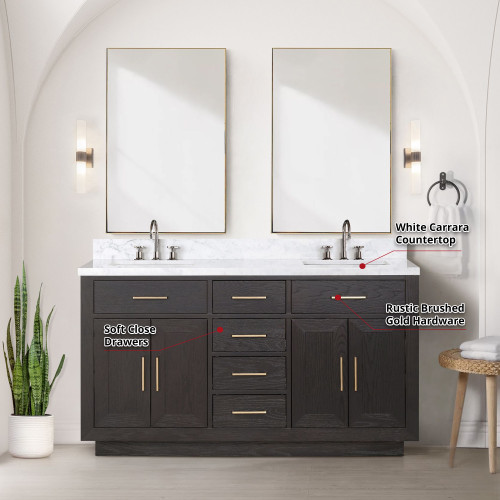 Lexora  LVA60DJ110 Abbey 60 in W x 22 in D Black Oak Double Bath Vanity, Carrara Marble Top, and 28 in Mirrors