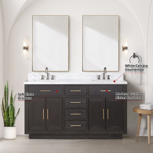 Lexora  LVA60DK110 Abbey 60 in W x 22 in D Brown Oak Double Bath Vanity, Carrara Marble Top, and 28 in Mirrors