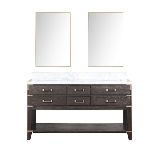 Lexora LVN60DK110 Norwalk 60 inch W Brown Oak Double Sink Vanity Cabinet, Carrara Marble Top, and 28 in Mirrors
