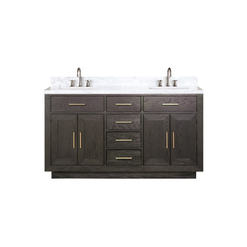 Lexora Abbey 60 inch W Brown Oak Double Sink Vanity Cabinet, Carrara Marble Top, and Faucet Set