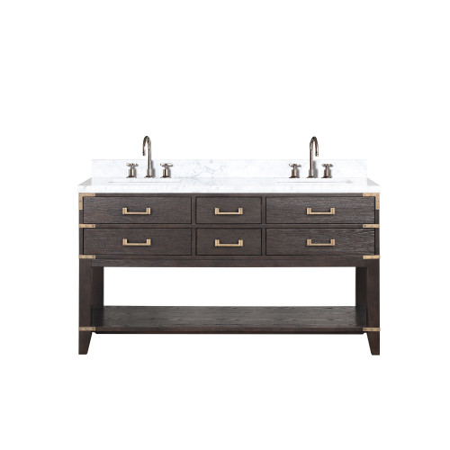 Lexora LVN60DK101 Norwalk 60 inch W Brown Oak Double Sink Vanity Cabinet, Carrara Marble Top, and Faucet Set