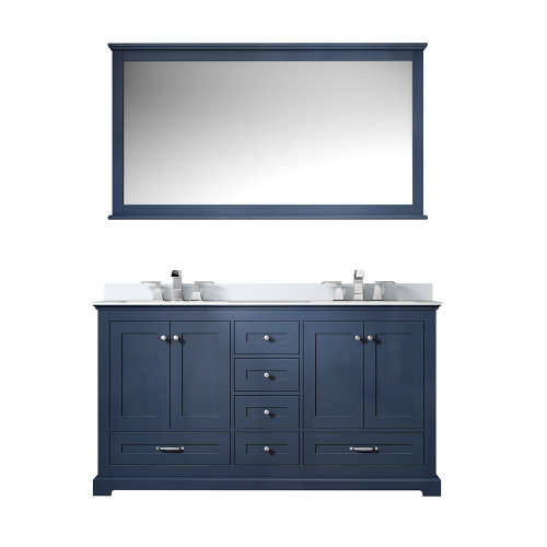 Lexora Dukes 60 in. W Navy Blue Double Sink Vanity Cabinet, Cultured Marble Top, Faucet Set, and 58 in. Mirror