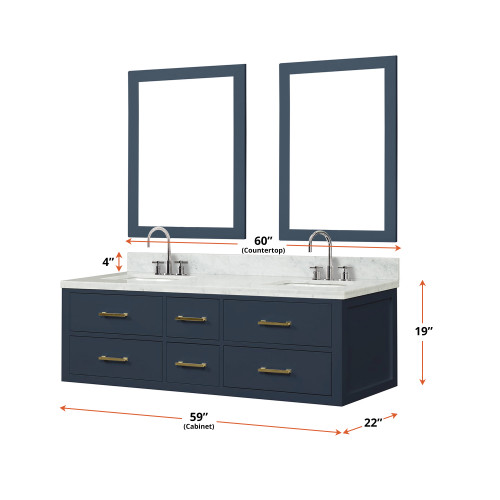 Lexora LVC60DE111 Castor 60 inch W Blue Double Sink Wall Hung Vanity Cabinet, Carrara Marble Top, Faucet Set, and 28 in Mirrors