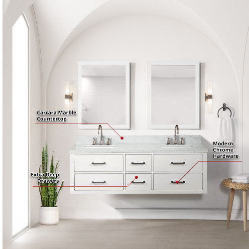 Lexora  LVC60DA111 Castor 60 in W x 22 in D White Double Bath Vanity, Carrara Marble Top, Faucet Set, and 28 in Mirrors