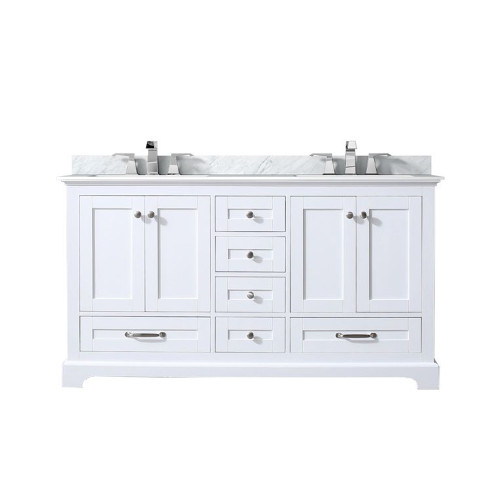 Lexora Dukes 60 in. W White Double Sink Vanity Cabinet, Carrara Marble Top, and Faucet Set