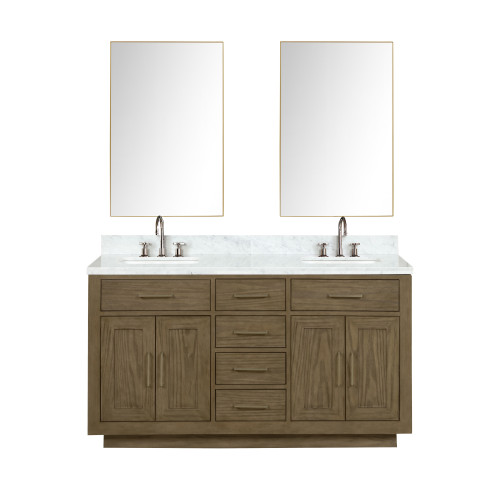 Lexora LVA60DR111 Abbey 60 inch W Grey Oak Double Sink Vanity Cabinet, Carrara Marble Top, Faucet Set, and 28 in Mirrors