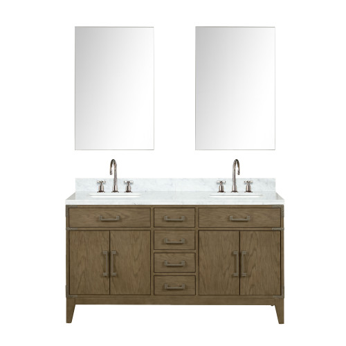 Lexora Laurel 60 inch W Grey Oak Double Sink Vanity Cabinet, Carrara Marble Top, Faucet Set, and 28 in Mirrors