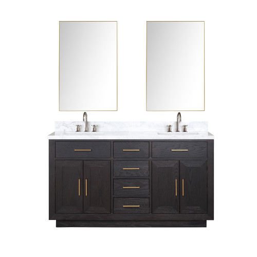 Lexora Abbey 60 inch W Black Oak Double Sink Vanity Cabinet, Carrara Marble Top, Faucet Set, and 28 in Mirrors