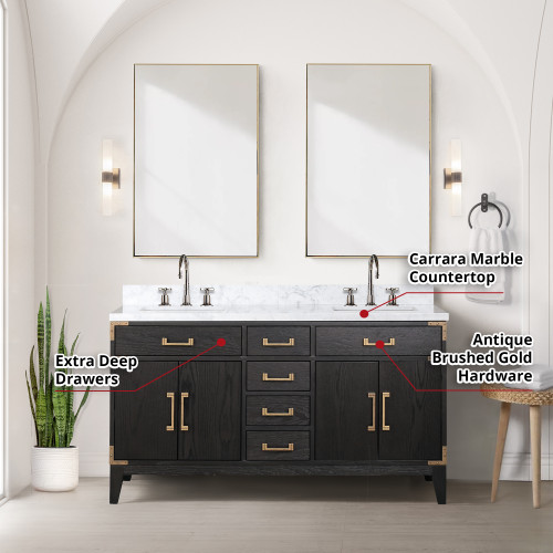 Lexora  LVL60DJ111 Laurel 60 in W x 22 in D Black Oak Double Bath Vanity, Carrara Marble Top, Faucet Set, and 28 in Mirrors