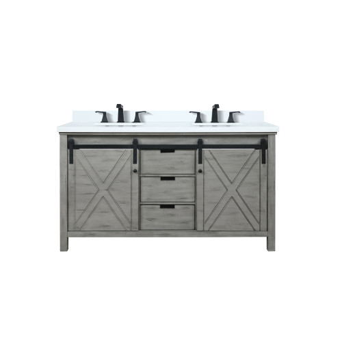 Lexora Marsyas 60 inch W Ash Grey Double Sink Vanity Cabinet, White Quartz Countertop and Faucet Set