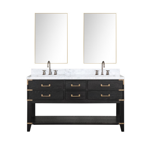 Lexora Norwalk 60 inch W Black Oak Double Sink Vanity Cabinet, Carrara Marble Top, Faucet Set, and 28 in Mirrors