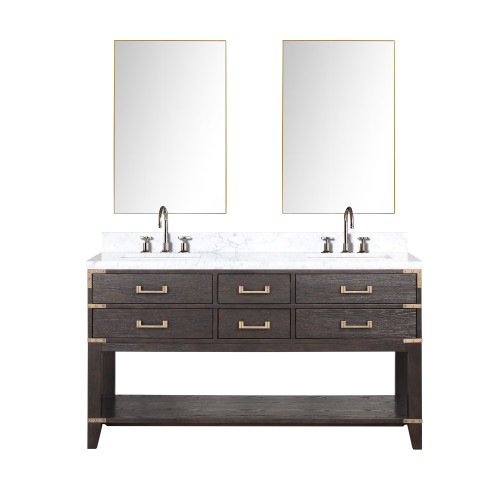 Lexora LVN60DK111 Norwalk 60 inch W Brown Oak Double Sink Vanity Cabinet, Carrara Marble Top, Faucet Set, and 28 in Mirrors