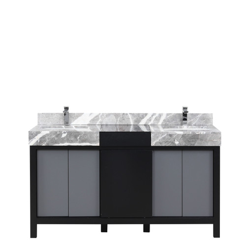 Lexora LZ342260DLISFMC Zilara 60 inch W Black and Grey Double Sink Vanity Cabinet, Castle Grey Marble Top and Chrome Faucet Set