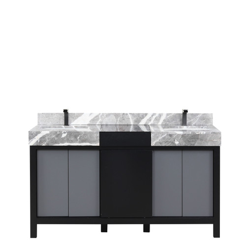 Lexora LZ342260DLISFBG Zilara 60 inch W Black and Grey Double Sink Vanity Cabinet, Castle Grey Marble Top and Gun Metal Faucet Set