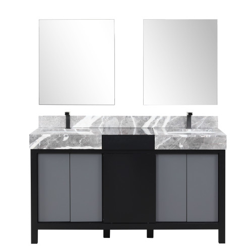 Lexora Zilara 60 inch W Black and Grey Double Sink Vanity Cabinet, Castle Grey Marble Top, Gun Metal Faucet Set and 28 in Mirrors