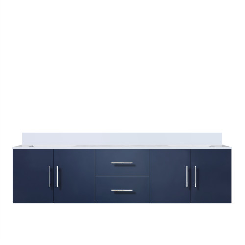 Lexora Geneva 72 in. W Navy Blue Wall Mount Double Sink Vanity Cabinet and White Quartz Top