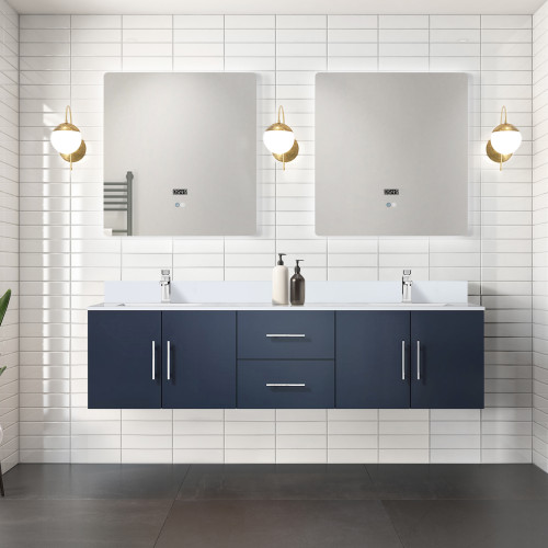 Lexora  LVG72DE310 Geneva 72 in. W x 22 in. D Navy Blue Double Bath Vanity, Cultured Marble Top, and 30 in. LED Mirrors