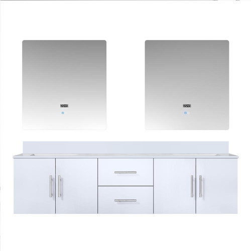 Lexora LVG72DM310 Geneva 72 in. W Glossy White Wall Mount Double Sink Vanity Cabinet, Cultured Marble Top, and 30 in. LED Mirrors