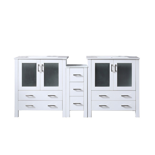Lexora LVV72D30A600 Volez 72 inch W White Double Sink Vanity Cabinet with Side Cabinet, and White Ceramic Top