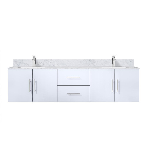Lexora Geneva 72 in. W Glossy White Wall Mount Double Sink Vanity Cabinet, Carrara Marble Top, and Faucet Set