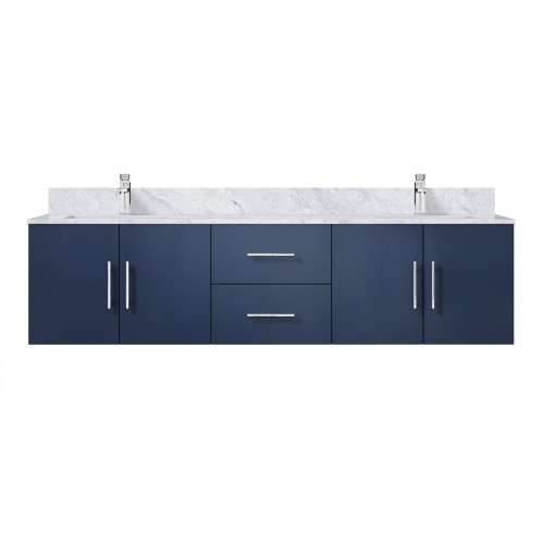 Lexora LVG72DE101 Geneva 72 in. W Navy Blue Wall Mount Double Sink Vanity Cabinet, Carrara Marble Top, and Faucet Set