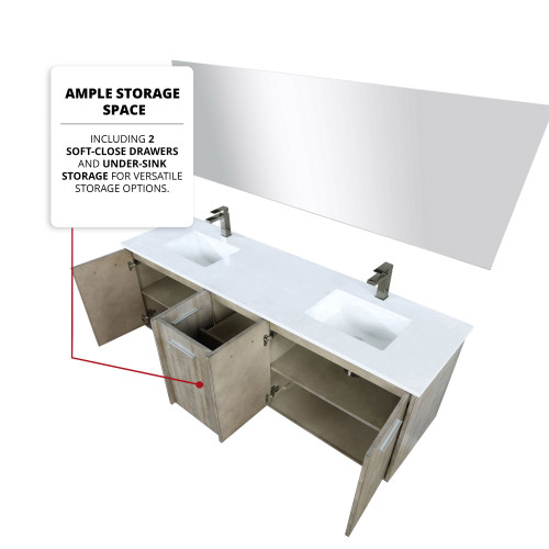 Lexora  LVFB72DK203 Fairbanks 72 in W x 20 in D Rustic Acacia Double Bath Vanity, White Quartz Top and Gun Metal Faucet Set