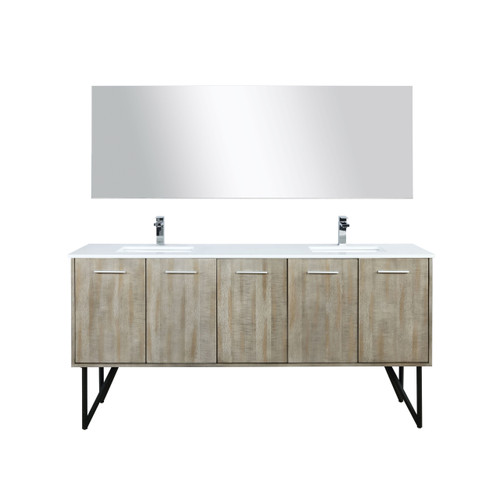 Lexora LLC72DKSOSM70FCH Lancy 72 inch W x 20 in D Rustic Acacia Double Sink Vanity Cabinet, White Quartz Top, Chrome Faucet Set and 70 in Mirror
