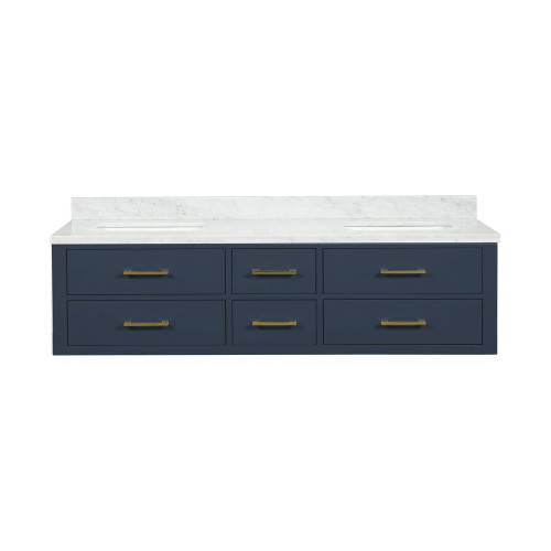 Lexora LVC72DE100 Castor 72 inch W Blue Double Sink Wall Hung Vanity Cabinet and Carrara Marble Top