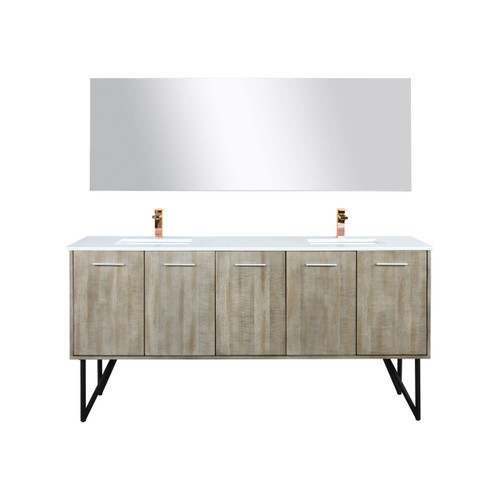 Lexora LLC72DKSOSM70FRG Lancy 72 inch W x 20 in D Rustic Acacia Double Sink Vanity Cabinet, White Quartz Top, Rose Gold Faucet Set and 70 in Mirror