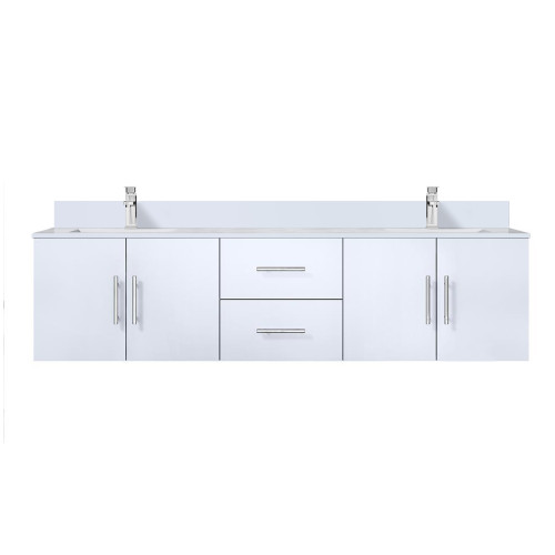 Lexora Geneva 72 in. W Glossy White Wall Mount Double Sink Vanity Cabinet, White Quartz Top, and Faucet Set