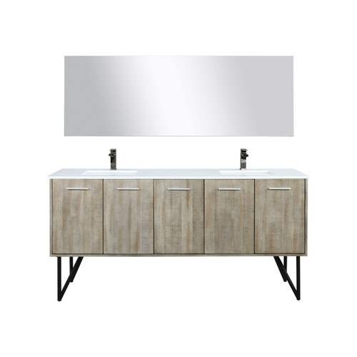 Lexora LLC72DKSOSM70FGM Lancy 72 inch W x 20 in D Rustic Acacia Double Sink Vanity Cabinet, White Quartz Top, Gun Metal Faucet Set and 70 in Mirror