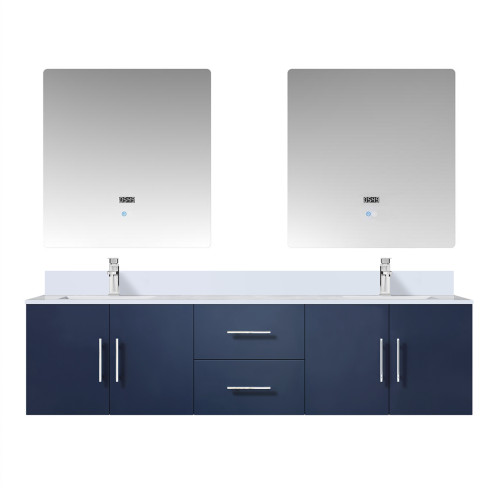 Lexora Geneva 72 in. W Navy Blue Wall Mount Double Sink Vanity Cabinet, Cultured Marble Top, Faucet Set, and 30 in. LED Mirrors
