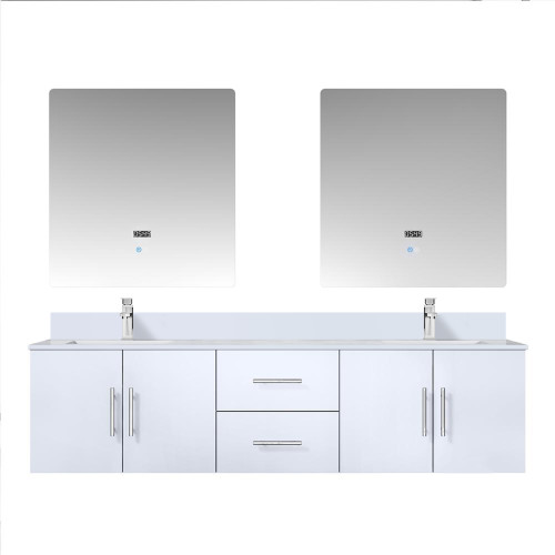Lexora LVG72DM211 Geneva 72 in. W Glossy White Wall Mount Double Sink Vanity Cabinet, White Quartz Top, Faucet Set, and 30 in. LED Mirrors