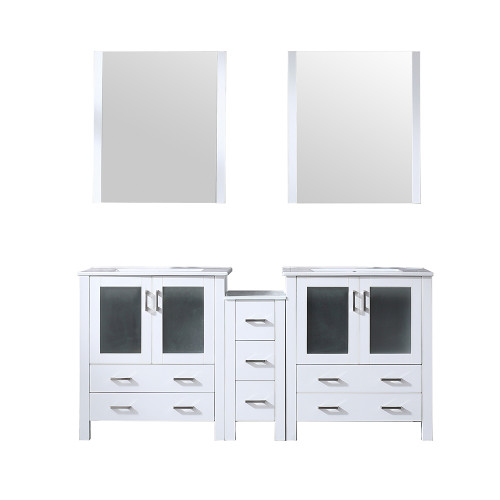 Lexora Volez 72 inch W White Double Sink Vanity Cabinet with Side Cabinets, White Ceramic Top, and 28 in Mirrors